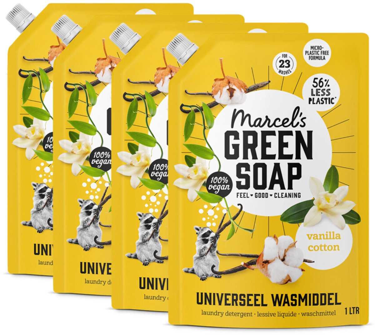 Marcel's Green Soap Wasmiddel Navulling Voordeelbox Universeel Vanille & Katoen - 4 x 1000 ml