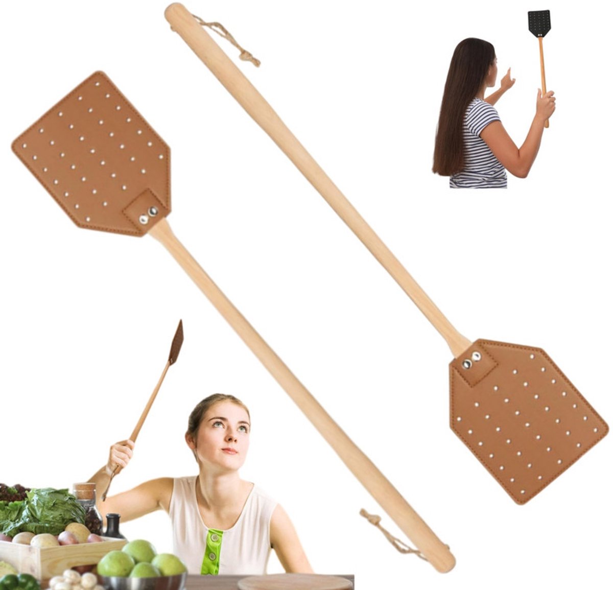 Set van 2 leren vliegenmeppers –Vliegenmepper- Robuuste handmatige meppers – Met lange houten steel – Duurzaam ontwerp – Geschikt voor gebruik in en om het huis – 50 x 10 cm