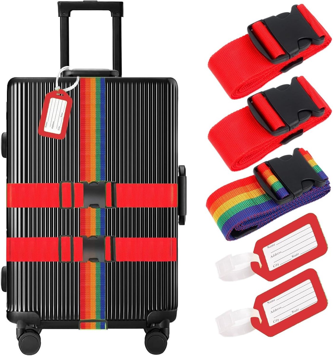 Verstelbare Koffersluiting met Gesp en Label - 3 Stuks Reisaccessoires voor Luchthavendetectie, Bagagebeveiliging en Kofferidentificatie (Rood + Regenboog)