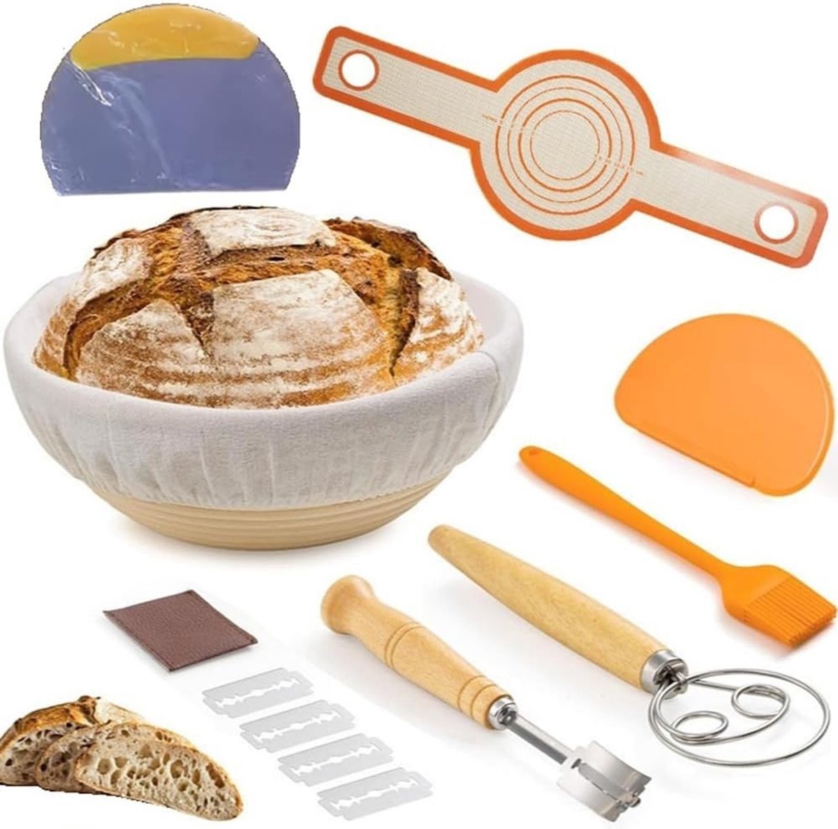 Complete set voor broodbereiding met rijsmanden, snijmes, deegschraper en garde