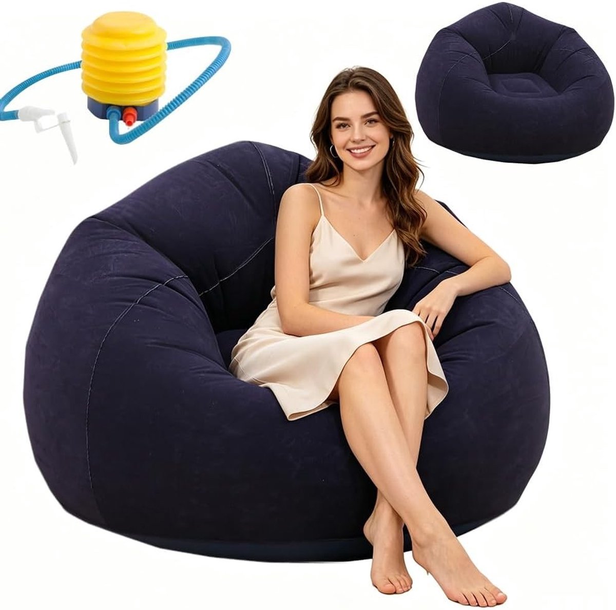 Opblaasbare Sofa en Fauteuil, Waterdichte Opblaasbare Pouf met Luchtpomp, Zacht en Wasbaar, Ideaal voor Woonkamer, Strand, Kamperen, Zwembad en Tuin, Comfortabel en Draagbaar