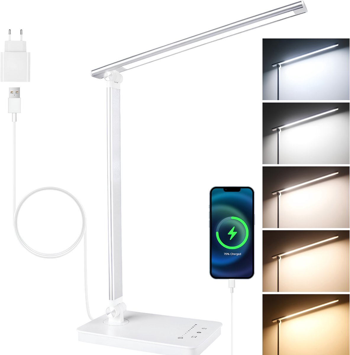 LNMsolutions® Bureaulamp - Bureaulamp LED - Bedlamp - Wit - 34cm x 13cm x 18cm