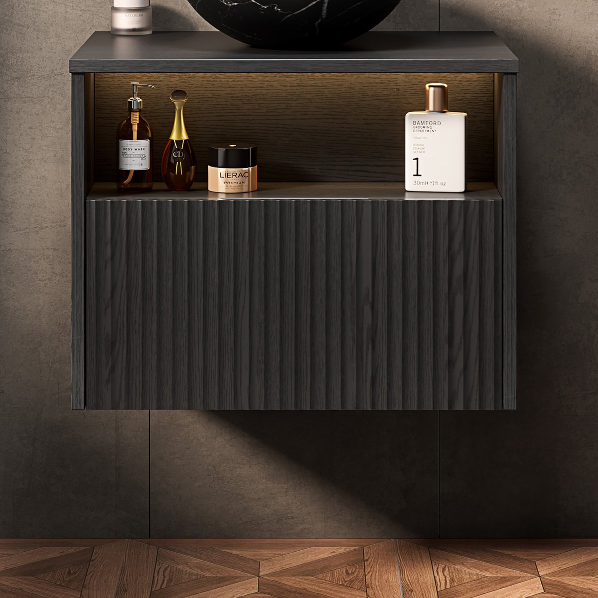 OKWISH Badkamerkast - Wandmontage Met Lade En Open Vak - Voor Badkameropberging - Hout Zwart - 69 x 55 x 54 cm