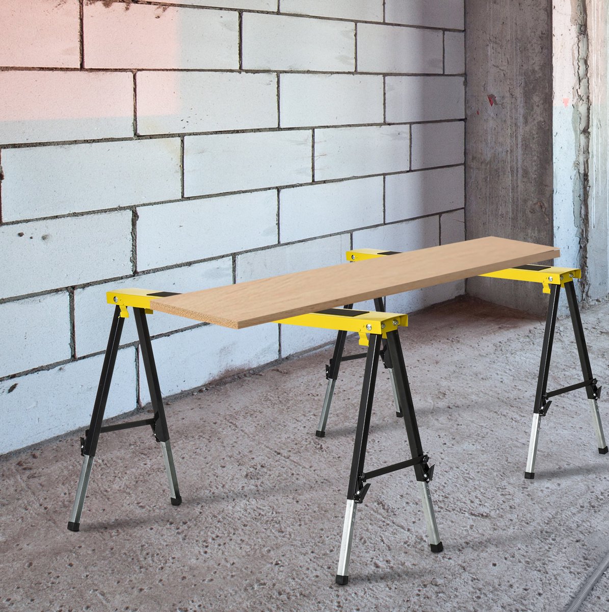 REDOM - Schragen - 2-delige set - Hoogte verstelbaar - Opvouwbaar - Antislip werkoppervlak - Stalen uitvoering - Geel - 100 x 49 x 62-90 cm