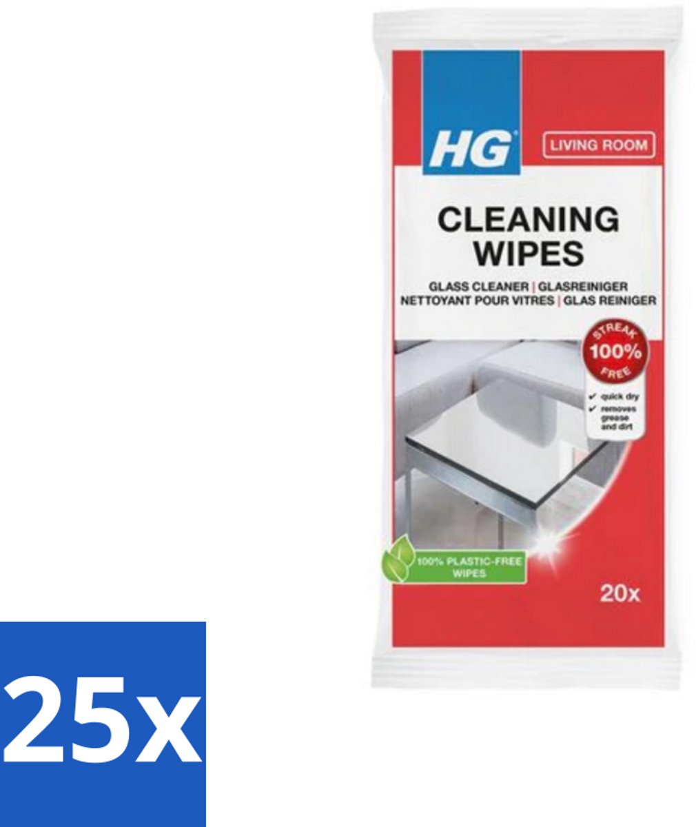 25 x HG - Woonkamer - Glasreinigingsdoekjes - Reinigt Streeploos - 20 Doekjes - Glas Reinigen - Spiegel Reinigen - Streeploos Schoonmaken - Vet En Vuil Verwijderen - Glasdoekjes