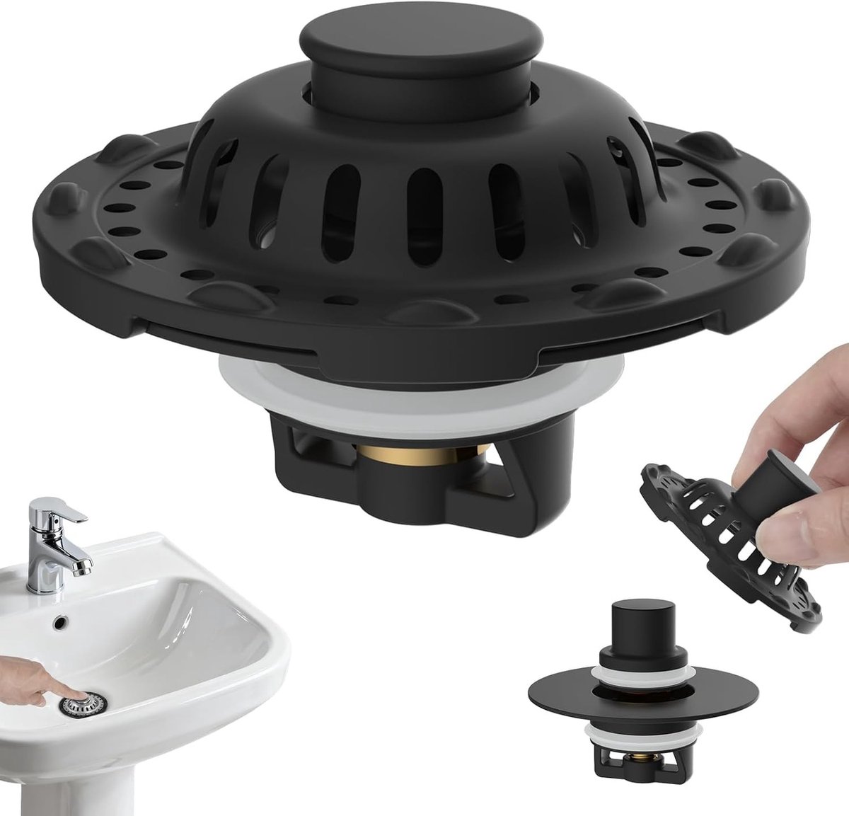 Geavanceerde 3-in-1 Afvoerplug voor Wastafel, RVS Stop voor 25-46mm Afvoeropening, Universele Pop-Up Stop met Afneembare Filtermand en Haarvanger, Messing Bal Core, Matte Zwart