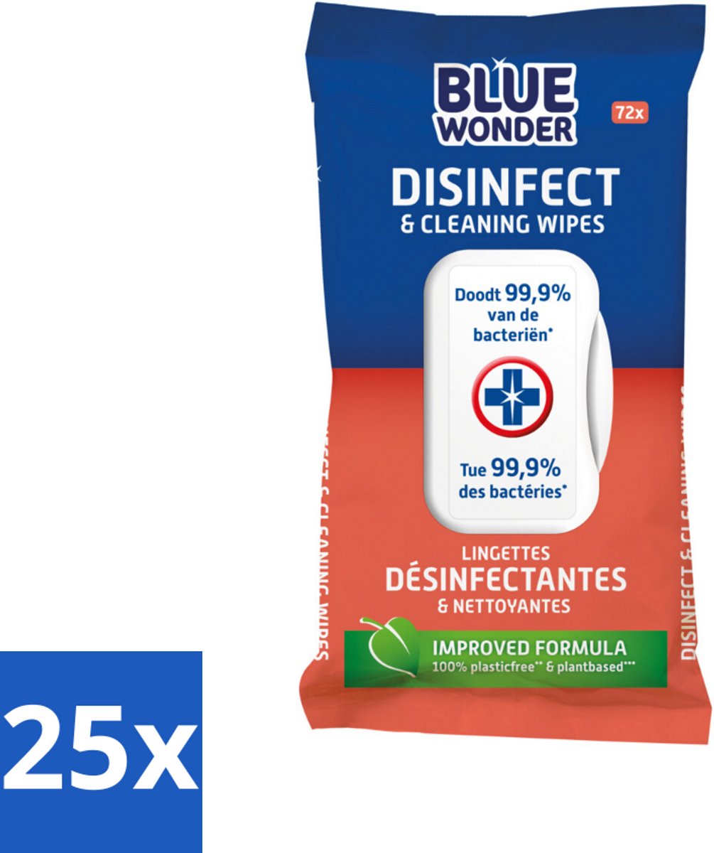 25 x Blue Wonder Desinfectie Reiniger Doekjes 72 stuks per verpakking - Schoonmaken - Desinfecteren - Doekjes - Hygiëne - Bacterievrij