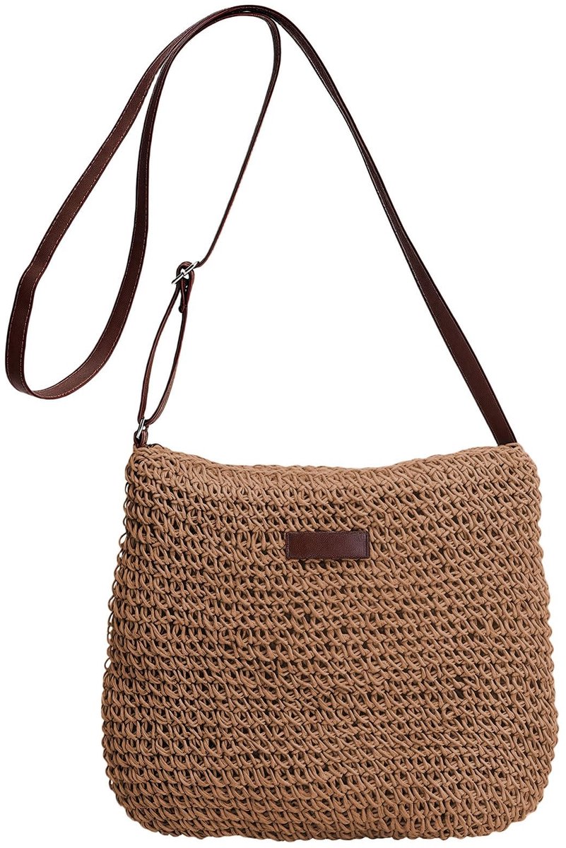 Elzusha - Boho Stro Schoudertas met Leren Label