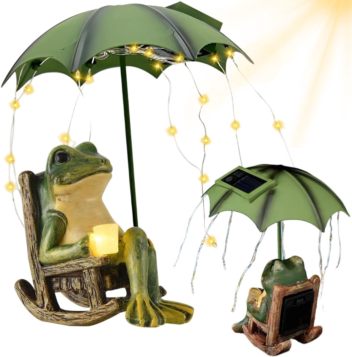 Tuinbeeld - Kikker Beeldje - Kikker Tuinbeeld met Zonnelamp - Schommelend Hars Figuur - IP65 Waterdicht & UV-bestendig - Ingebouwde LED & 300mAh - 18cm Groen Decoratie - Voor Tuin, Terras & Vijver