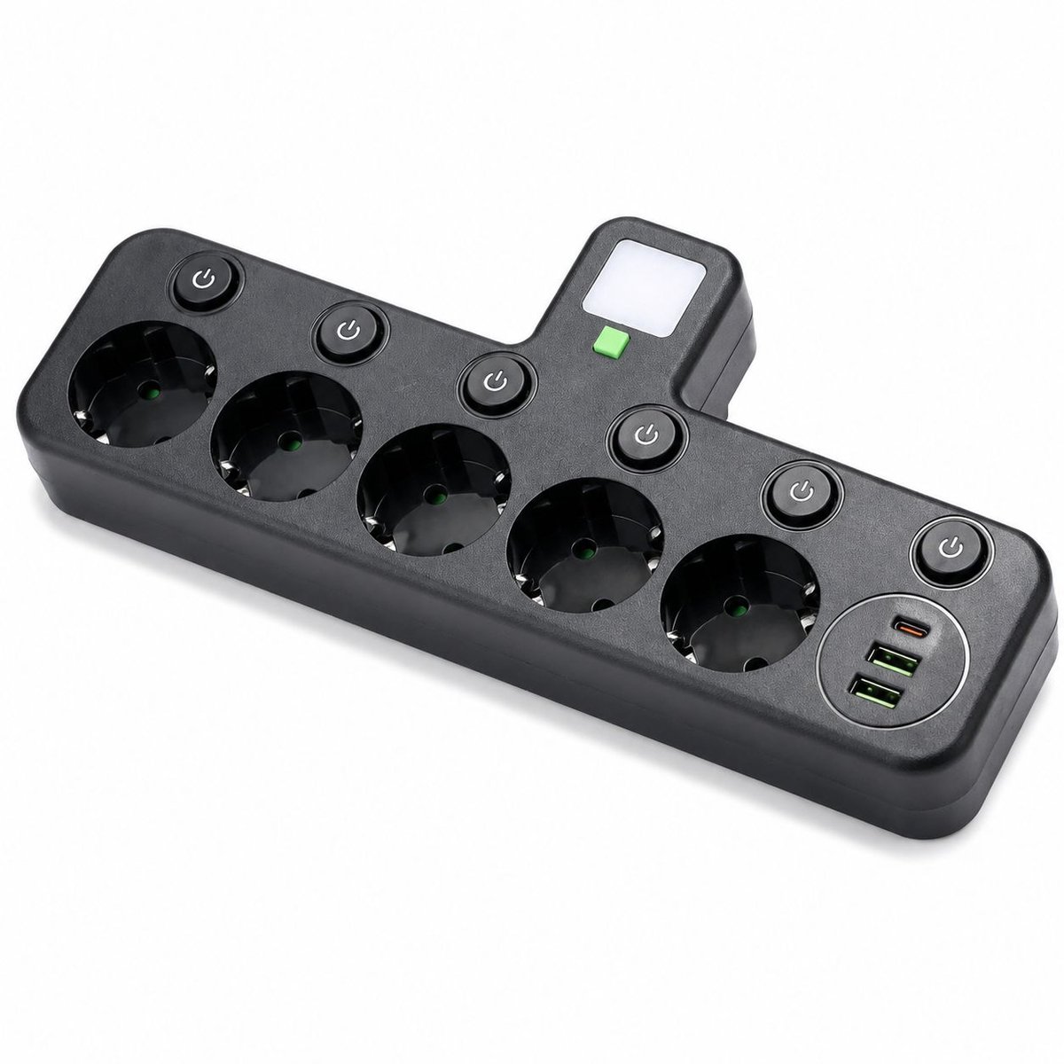 5-voudige Stekkerdoos met Aparte Schakelaars, Tafelcontactdoos met USB-C & USB-A Poorten, EU Stekker Adapter met LED Nachtlampje, 2500W Verdeelstopcontact voor Thuis, Kantoor en Keuken, Zwart