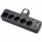 Aofixver 5-voudige Stekkerdoos met Aparte Schakelaars, Tafelcontactdoos met USB-C & USB-A Poorten, EU Stekker Adapter met LED Nachtlampje, 2500W Verdeelstopcontact voor Thuis, Kantoor en Keuken, Zwart