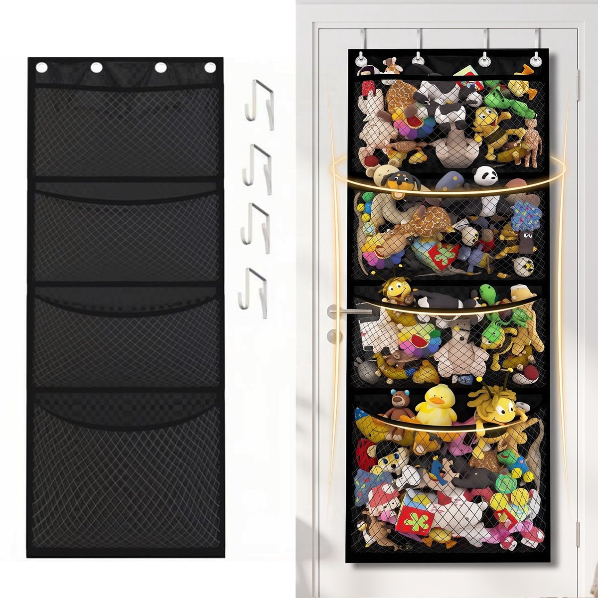 Hangende opbergtas - Over de deur hangende wandorganizer - TENZHVXI® - 4 vakken, 4 haken, ophangbaar, mobiel, grote gaasvakken - Ruimtebesparend - Oxford-stof - 165x61cm - Zwart