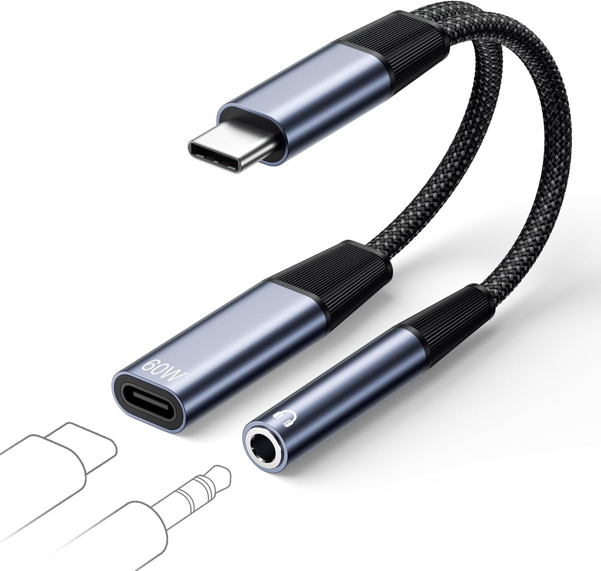 SnelShoppen - 2 in 1 USB C naar 3.5mm Jack en Oplader Adapter, Type C naar Aux Splitter met PD 60W Snelladen voor iPhone 17 16 15, iPad Air/Pro, Galax