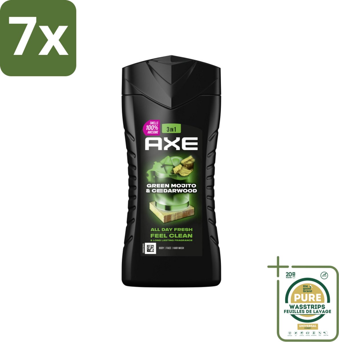 7 x Axe - 3-in-1 Douchegel - Wild Mojito & Cedarwood - 12hrs Long Lasting Scent - 250 ml - Grootverpakking - Douchegel - Geur - Frisheid - Lichaam - Gezicht