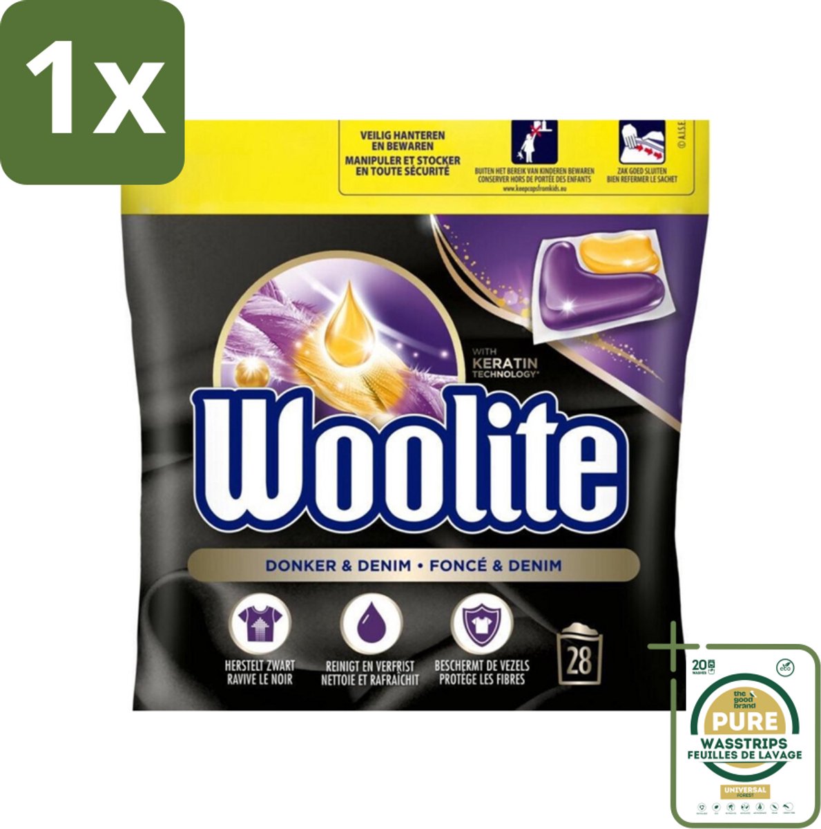 1 x Woolite Dark - Wasmiddelcapsules - Met Keratine - Donkere & Denim Was - 28 Wasbeurten- Donker Wasmiddel - Denim Wasmiddel - Keratine Wasmiddel - Donkere Kleding Beschermen - Kleurbehoud