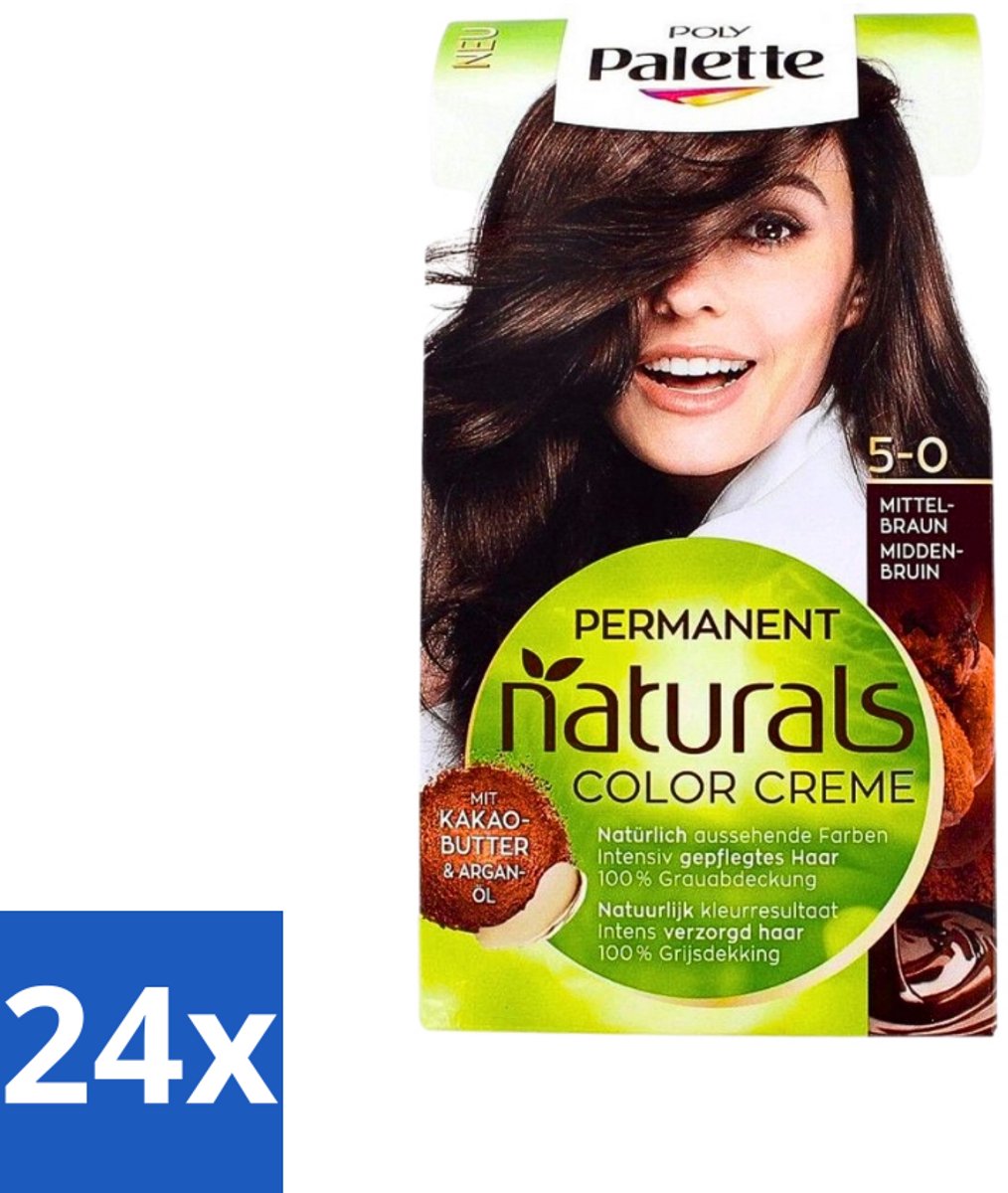24 x Poly Palette - Haarverf - Middenbruin 5-0 - 115ml - Haarverf - Permanente Haarverf - Middenbruin - Grijsdekking - Cacaoboter