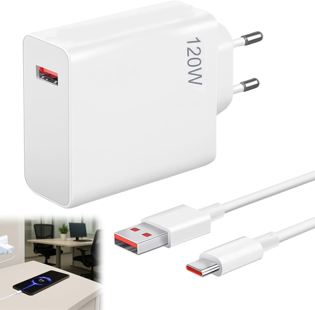 Krachtige 120W USB-C snellader met 2 meter kabel voor smartphones en tablets - Ideaal voor snel opladen en energiezuinig gebruik