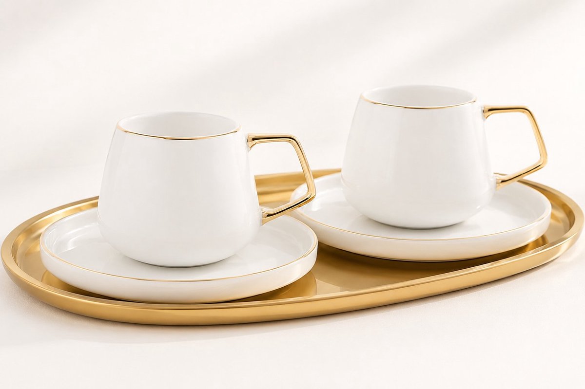R&H® Turkse koffiekopjes set van 2 - Espressokopjes met schotels - 90 ml - Wit porselein met gouden handvat