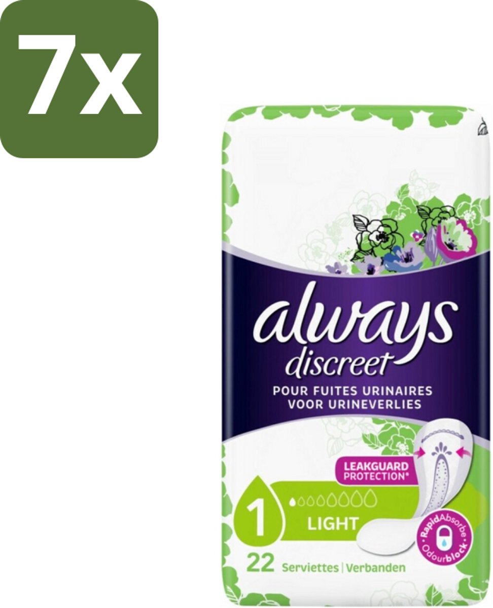 7 x Always Discreet - Maandverband - Lichte Bescherming - 22 Maandverbandjes - Maandverband - Menstruatie - Bescherming - Discreet - Comfort