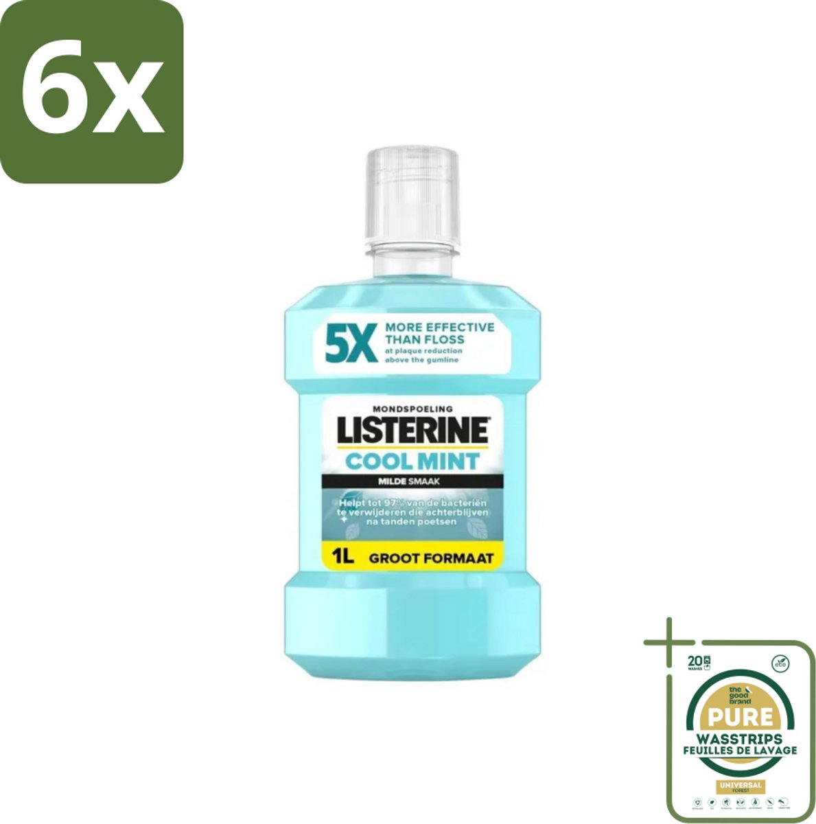 Listerine – Mondwater – Cool Mint – Milde smaak zonder alcohol – 1 liter - Voordeelverpakking - 6 stuks - Tandplak - Tandvleesgezondheid