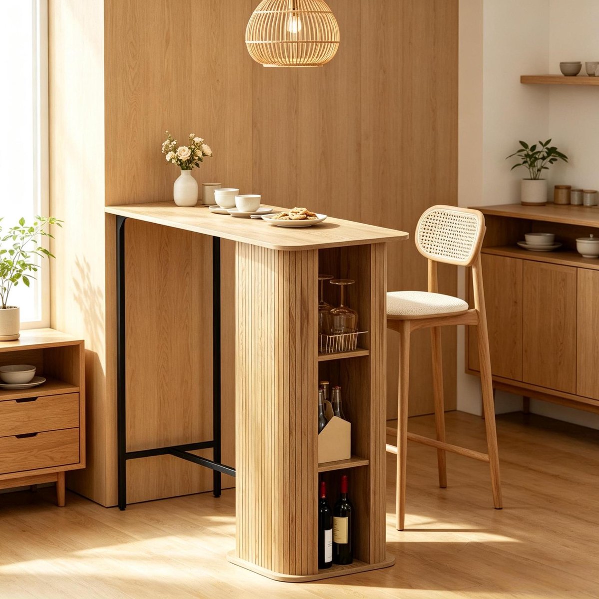 OKWISH Bartafel - Met 3 Open Opbergvakken En Stevige Metalen Poten - Voor Keuken En Gezellige Barhoek - Houtkleur Zwart - 112 X 50 X 106 Cm