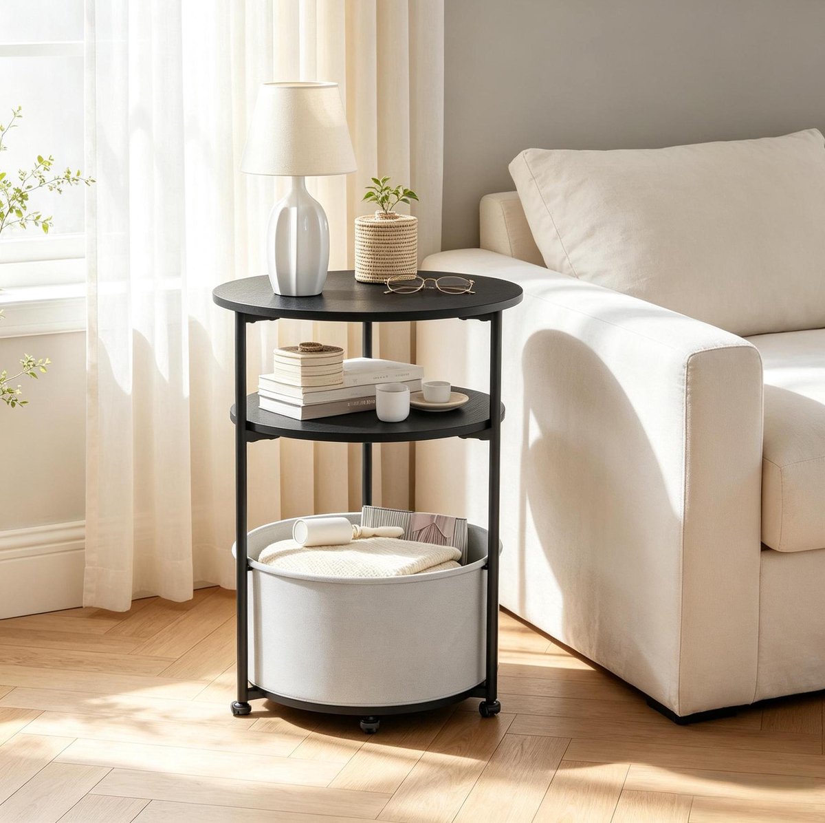 OKWISH Ronde Bijzettafel Met Opbergruimte Zwart Metaal En Stof 43 Cm Diameter 56 Cm Hoog Modern Voor Woonkamer En Slaapkamer