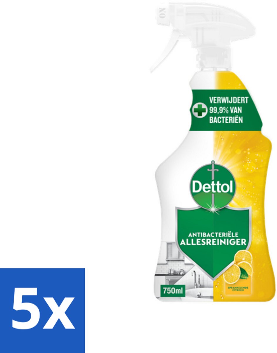 5 x Dettol Antibacteriële Allesreiniger Spray Sprankelende Citroen 750 ml - Allesreiniger - Citroen - Hygiëne - Vettigheid - Vuil