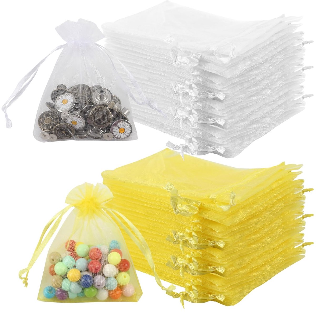 Elzusha - 100 Stuks Organza Cadeauzakjes - Wit en Geel