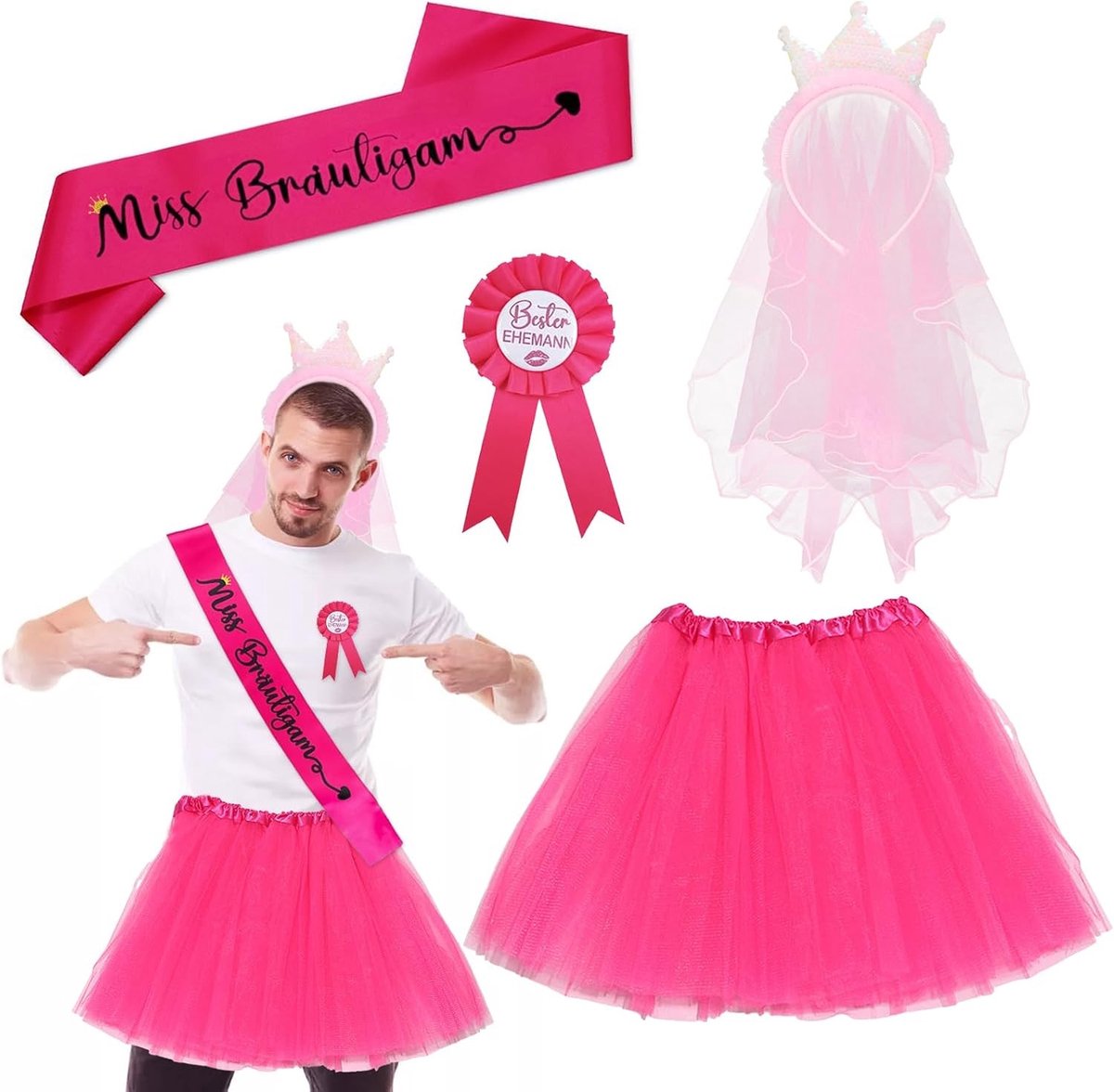 JGA Kostuumset voor Mannen, Perfect voor Junggesellenparty met Kroon, Sjerp en Tutu, Feestaccessoires voor Huwelijksdecoratie
