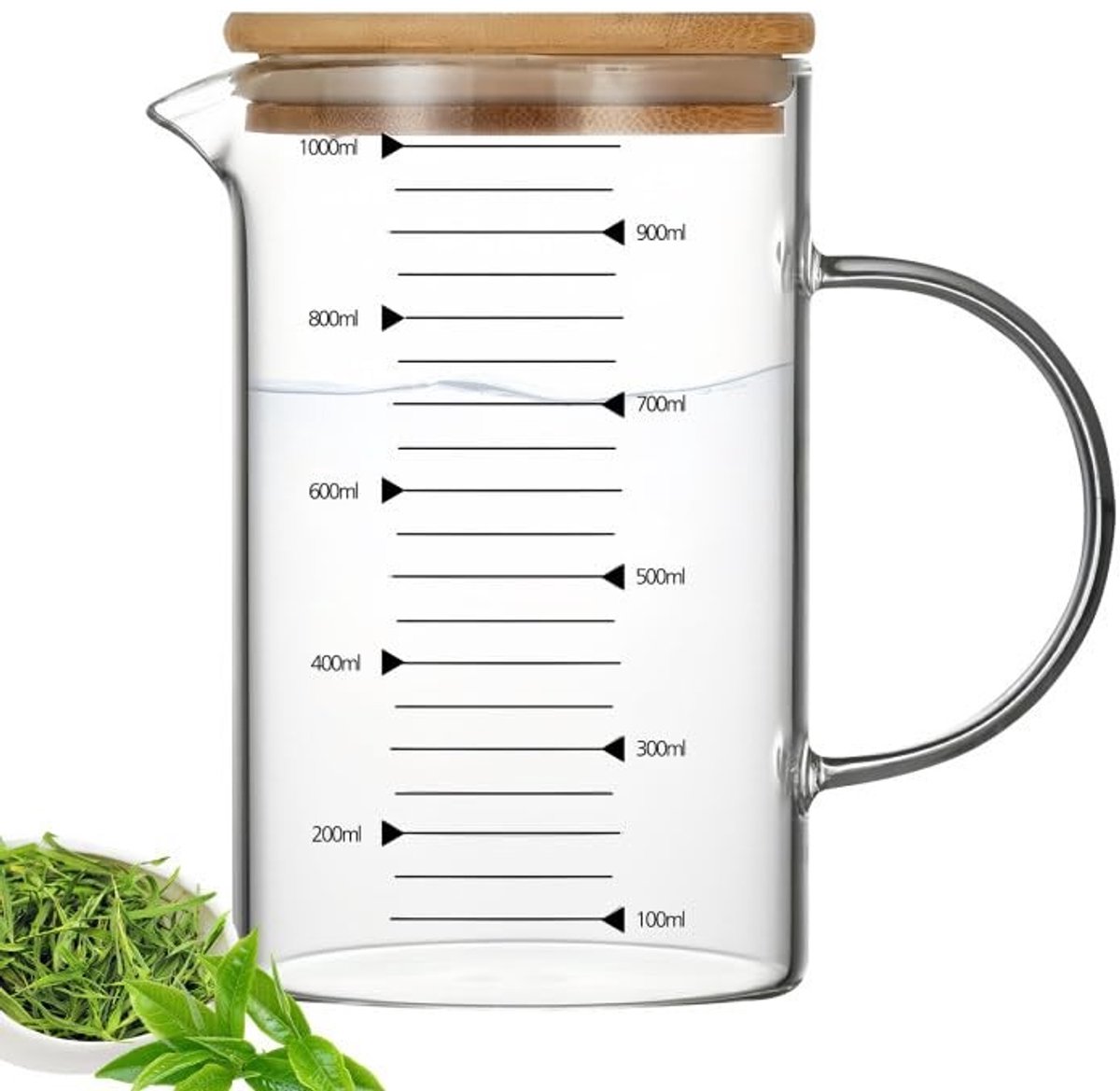 Elzusha - Borosilicaat Glas Maatbeker van 1 Liter met Bamboe Deksel