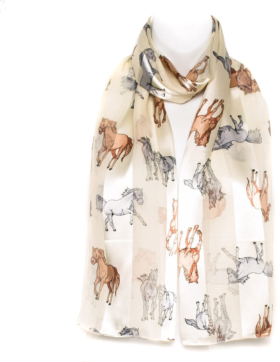 Elzusha - Premium Chiffon Satijn Sjaal met Paardenrennen Print voor Dames - Crème