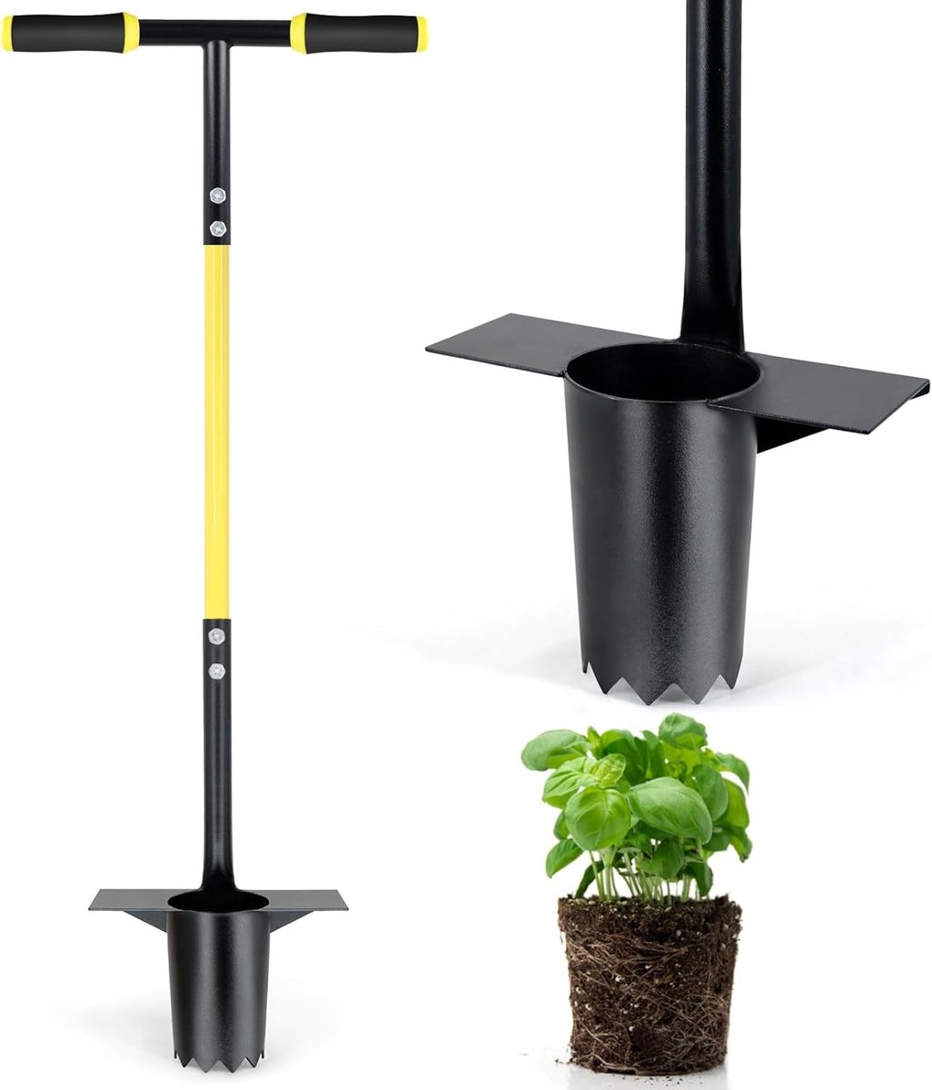Ergonomische Tuintransplanter met Lange Handgreep van Roestvrij Staal, Ideaal voor het Planten van Bloembollen, Zaailingen en Groenten, Duurzaam Tuingereedschap voor Tuinliefhebbers