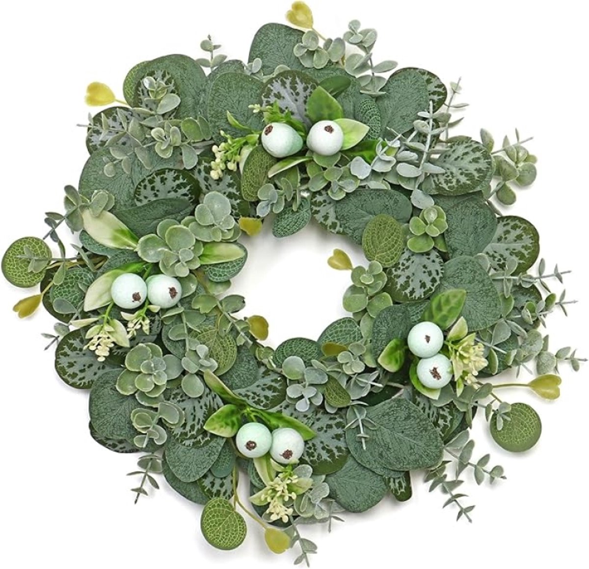 Eucalyptus krans met bessen 31 cm - Groene deurkrans voor alle seizoenen, binnen- en buitendecoratie, voor deur, muur, bruiloft en meer (zonder merk)