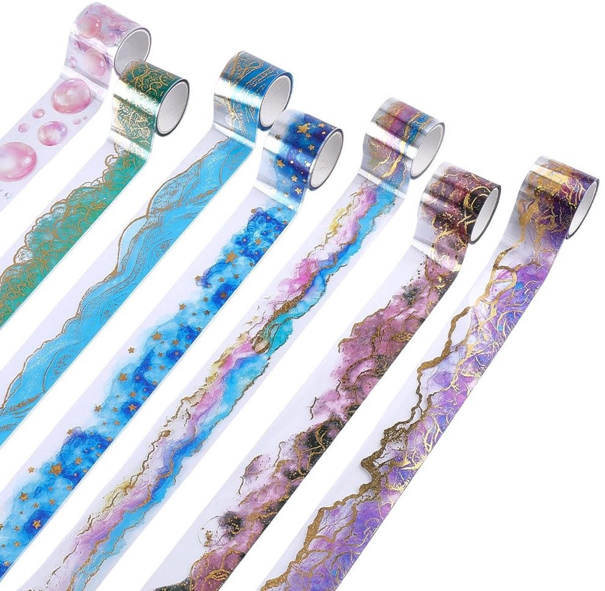 7 Rollen Decoratieve Waterverf Vervagen Lint met Sterrenhemel en Gouden Lijn voor Dagboek, Notitieboek en Creatieve Projecten