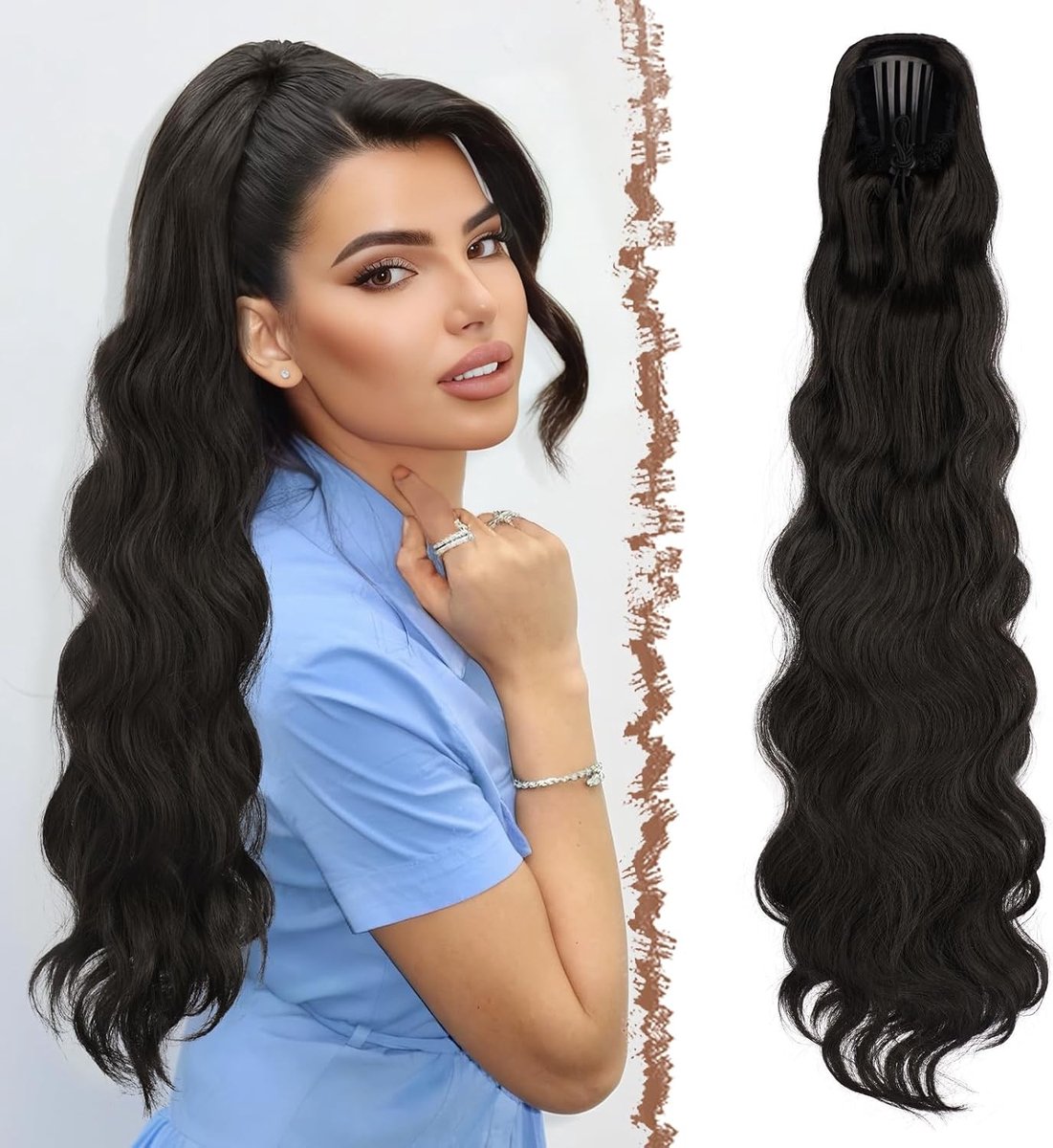 Natuurlijke Lange Ponytail Haarstuk met Trekkoord, 75 cm, Synthetisch Haar voor Vrouwen, Zwart Bruin, Ideaal voor Hairstyling en Feestjes