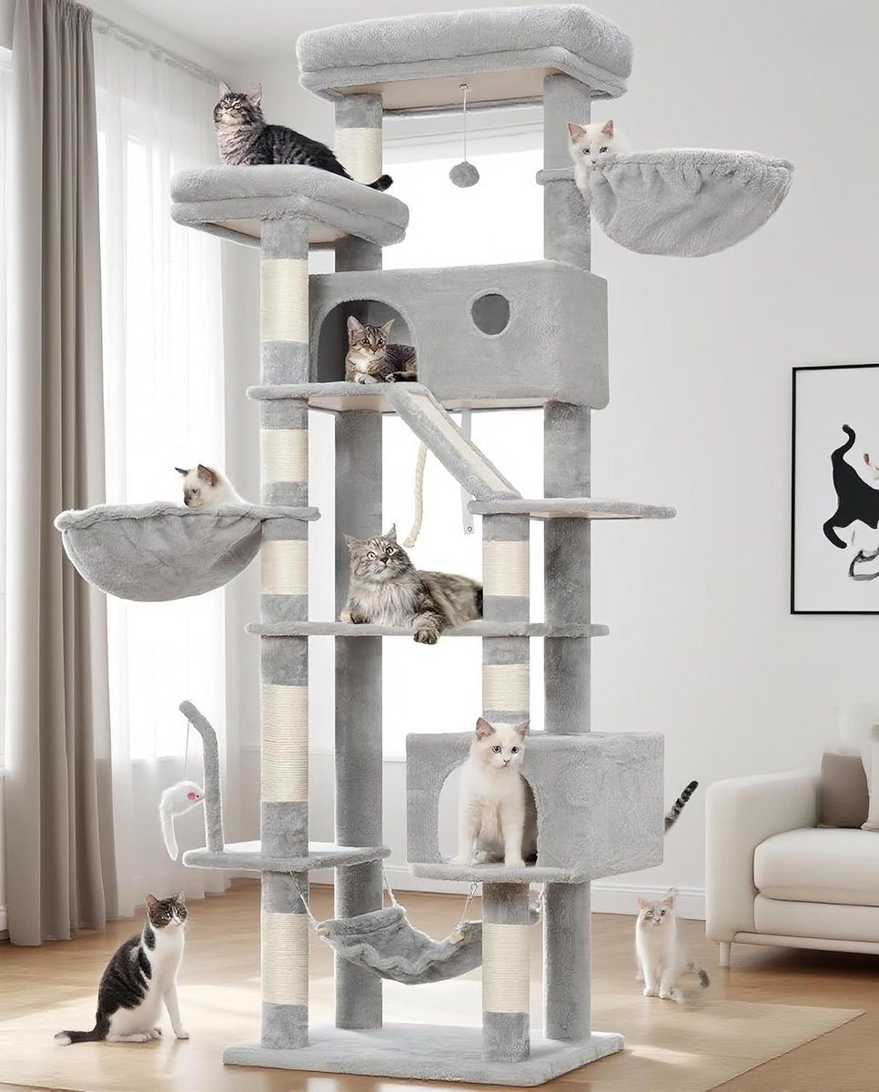 Kattenboom - Krabpaal Huis - Binnen Spelen - Extra Groot Ontwerp - 200 cm Hoog - Lichtgrijs