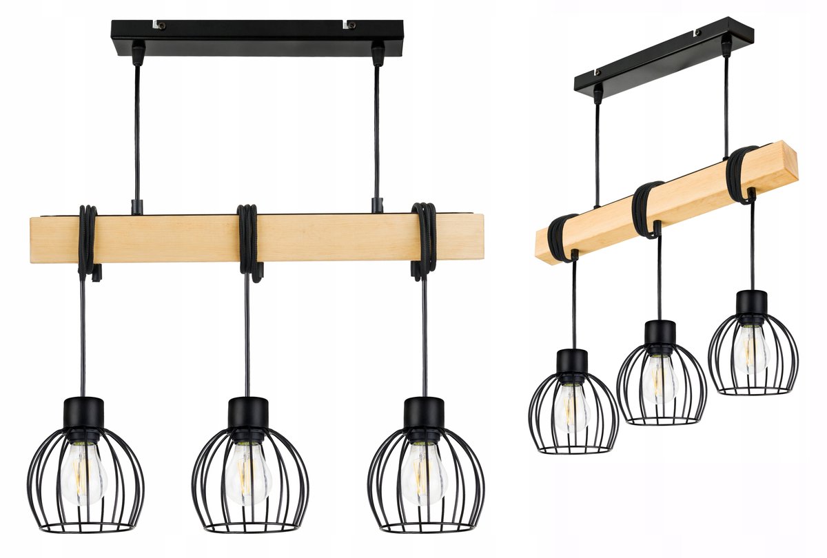 Loft Hanglamp Houten Balk Zwart Metaal 3x E27