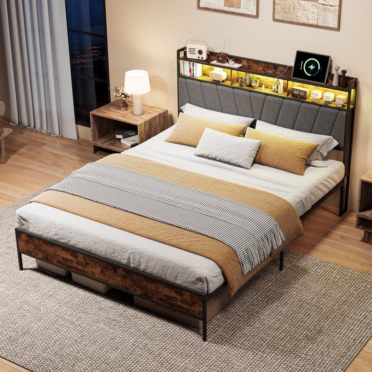 Tweepersoonsbed 160x200 cm met metalen lattenbodem, 2-persoonsbed met ledverlichting en USB-poorten, Gestoffeerd hoofdbord met opbergruimte, Bedframe 160x200, vintage bruin & Grijs