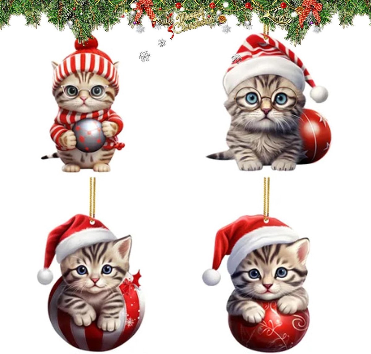 Kersthangers Met Kattenmotief - Waterdichte Kerstballen Voor Boomdecoratie - Feestelijke Versiering Voor Thuis En Auto