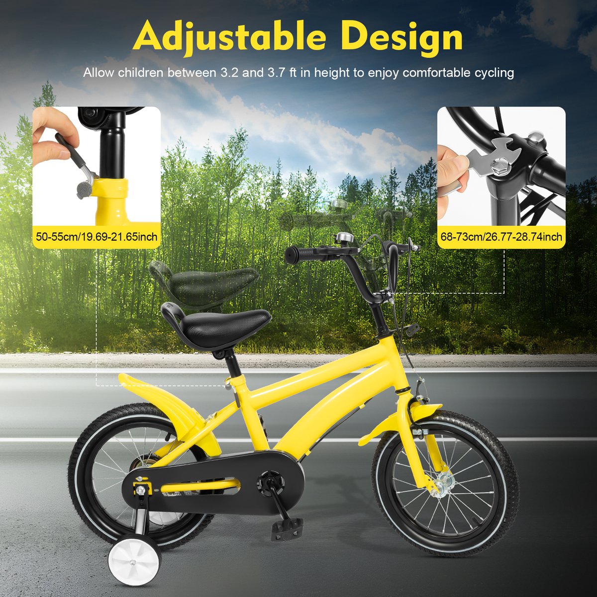 Kinderfiets 14 Inch Geel Met Zijwieltjes Stalen Frame Voor Kinderen 2-4 Jaar Compacte Fiets