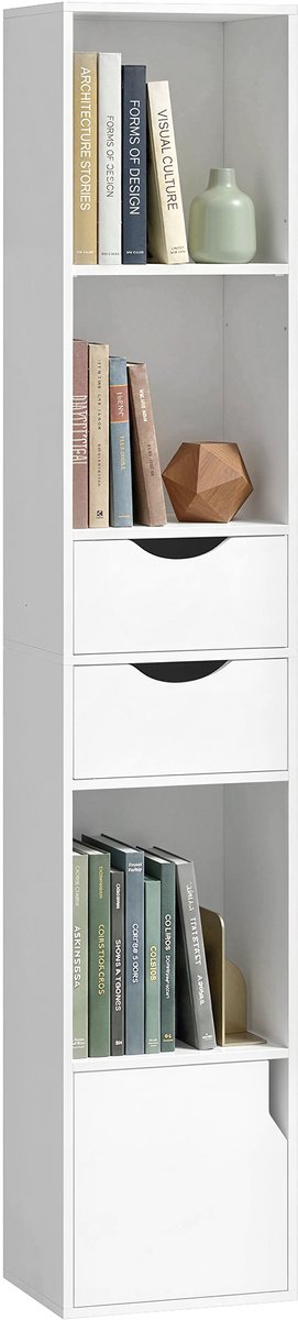 Boekenkast - Smalle Staande Opbergkast - 30 x 24 x 158 cm - 2 Lades en 1 Deur - Verstelbare Plank - Wit