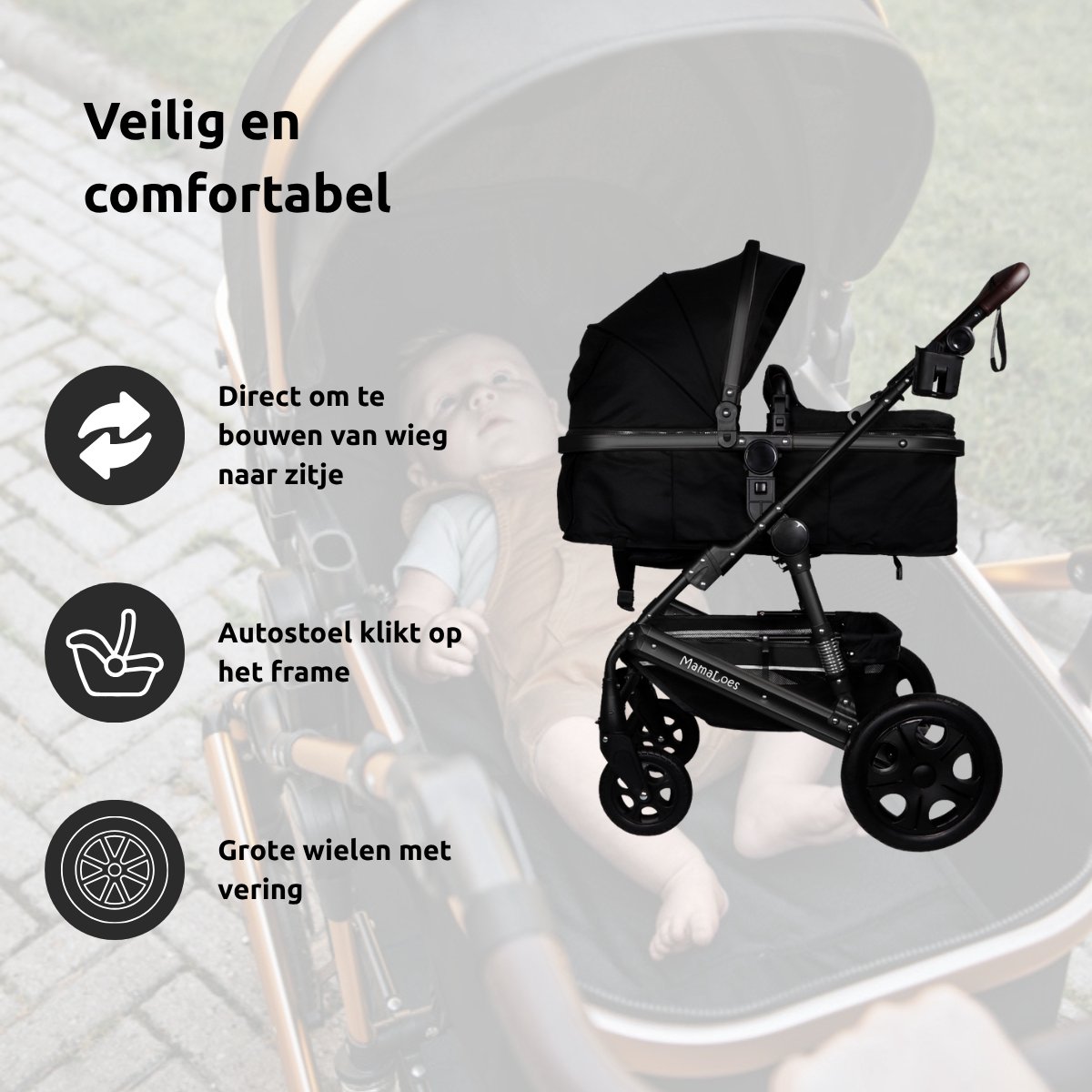 MamaLoes Marly 3 in 1 Kinderwagen Zwart/Antraciet met - afbeelding 3