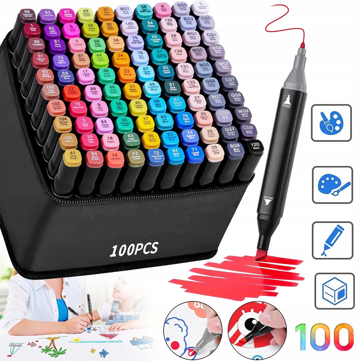 100 Kleurrijke Markers, Dubbele Punt Permanente Inkt Brush Pen