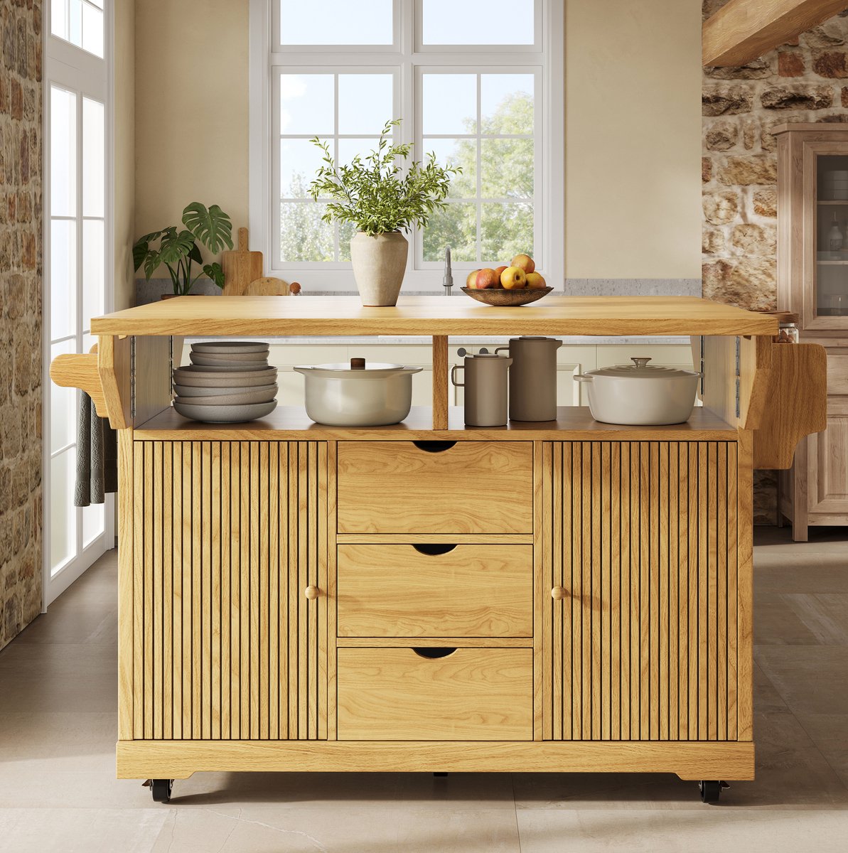 COVREO Keuken eiland 142,5 x 80 x 95 cm bruin MDF en metaal, met 3 lades