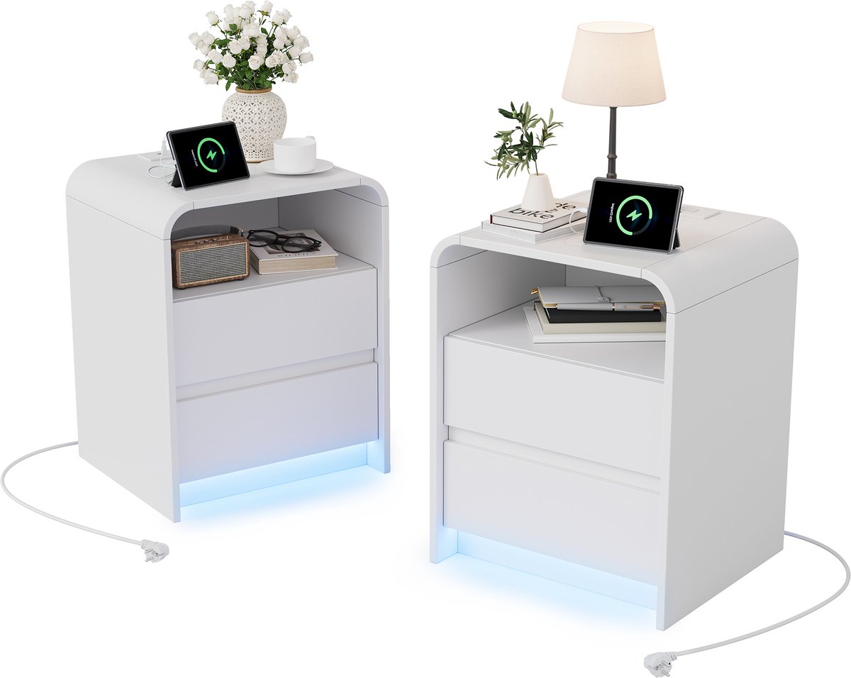Nachtkastje - Set van 2 - 45x40x57 cm - Met Stopcontact en USB-poorten - LED Verlichting - Lade en Open Vak - Wit