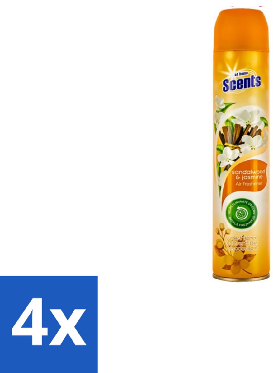 4 x At Home – Luchtverfrisser Spray – Sandalwood – Warm & Houtachtig - 400 ml - Luchtverfrisser - Geur - Sandelhout - Jasmijn - Geurneutralisatie