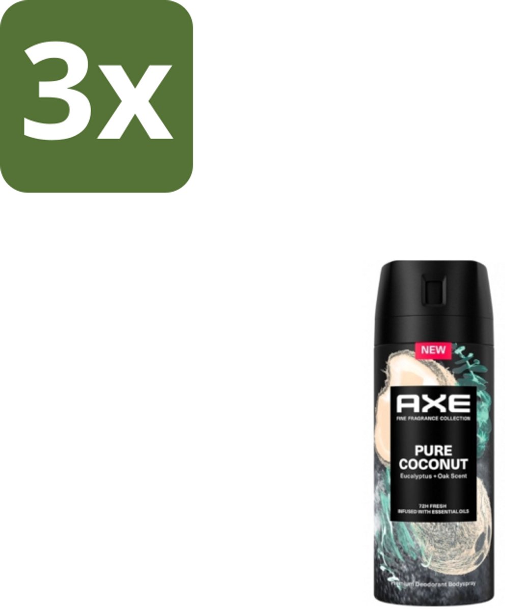3 x Axe – Deodorant Spray – Pure Coconut – 150 ml - Deodorant Spray - Kokosgeur - Frisheid - Transpiratiegeur - Mannelijke Deodorant