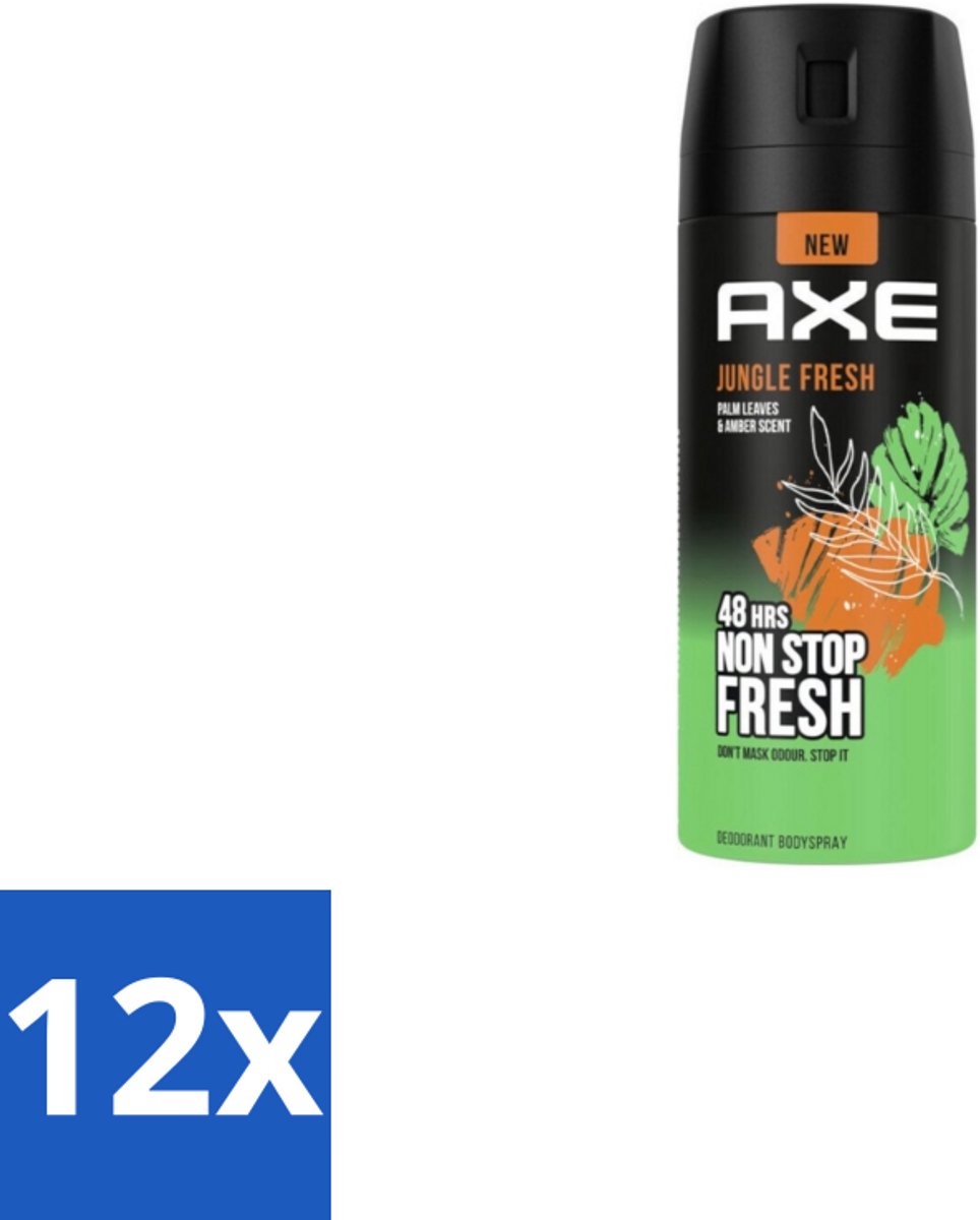 12 x Axe – Deodorant Bodyspray – Jungle Fresh – 150 ml - Frisse Geur - Lichaamsgeur Bestrijding - Zinktechnologie - Palmbladeren Geur - Amber Geur