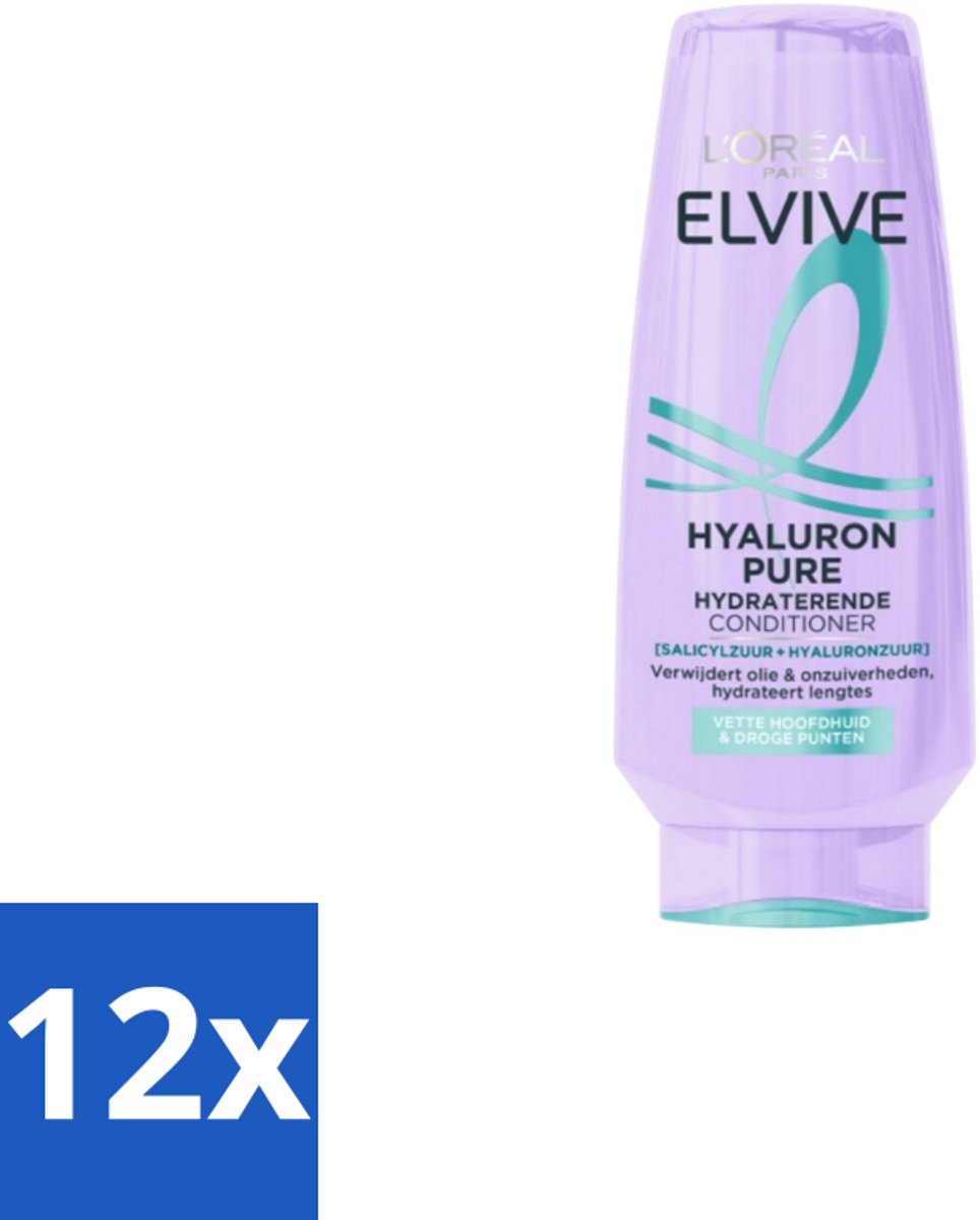 12 x L'Oréal Elvive Hyaluron Pure Conditioner 200 ml - Hydraat - Zuiveren - Haarverzorging - Vet Haar - Droge Punten