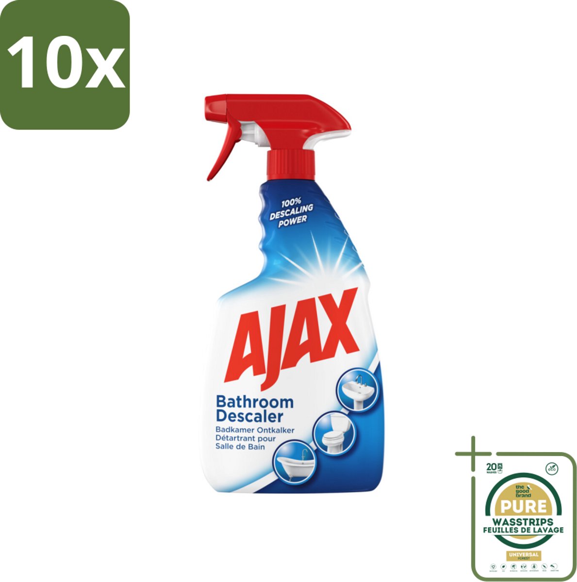 10 x Ajax Badkamerspray 750 ml - Grootverpakking - Badkamerontkalker - Ontkalker Spray - Hardnekkig Vet Verwijderen - Kalkaanslag Voorkomen - Badkamer Reinigen